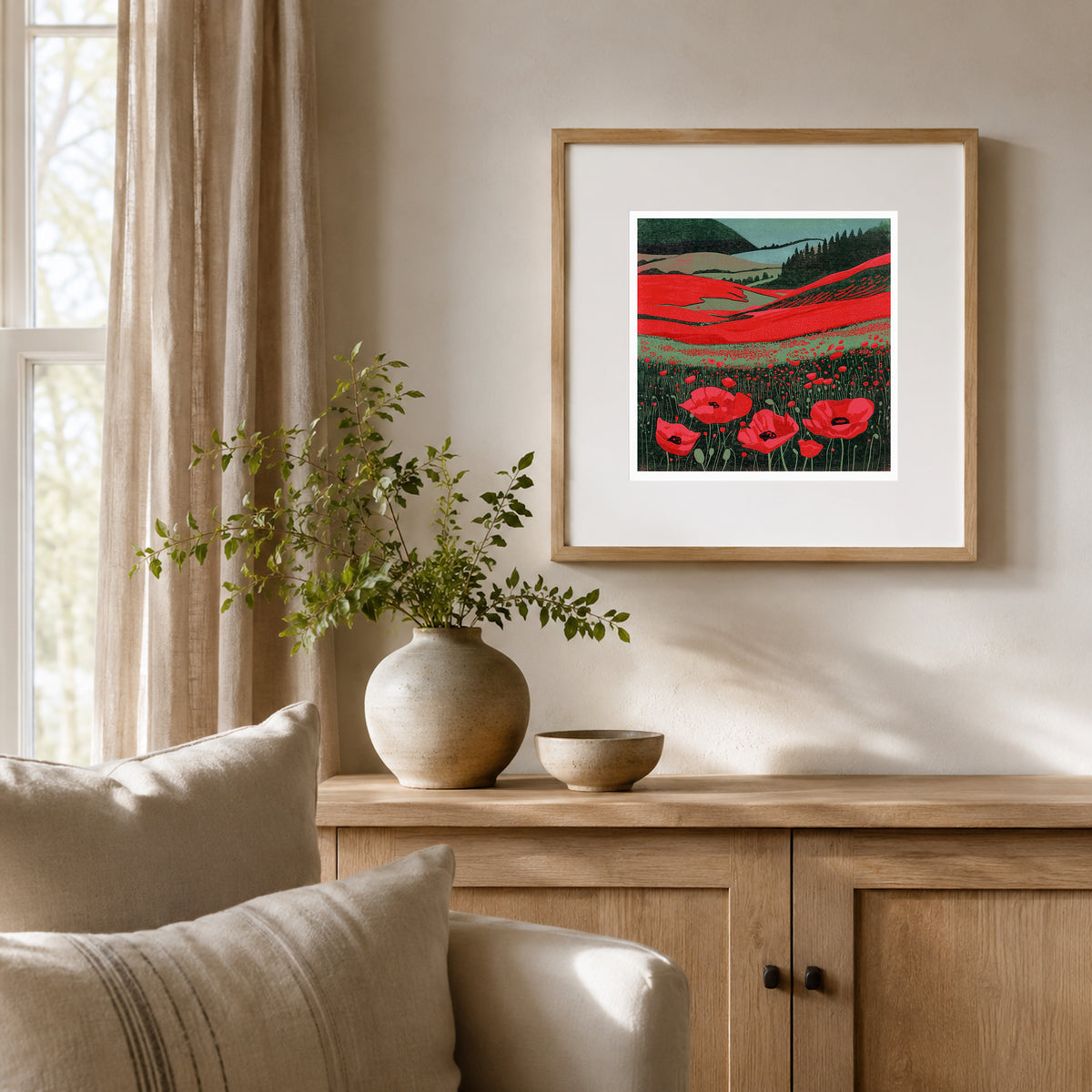 Poppy Fields original landscape linocut print framed and displayed on a wall