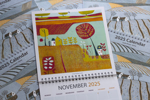 November 2025 calendar listing showing a vibrant linocut design by artist Layla Khani from Laylart Studio.