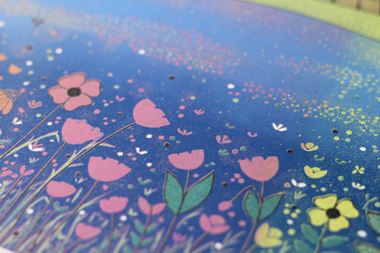Sea of Tranquility original linocut print, colourful British spring countryside, Laylart Studio