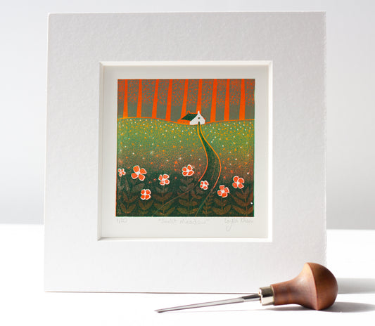 Original reduction linocut mini print by Layla Khani — wild flowers and meadow grasses at the foot of the Malvern Hills, a cottage on the horizon. Limited edition of 20.