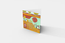 Load image into Gallery viewer, Gorgeous Red and Orange Rural Landscape Linocut Print Greeting Card