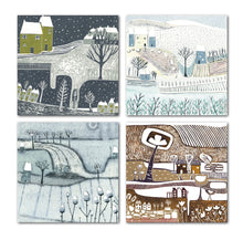 Load image into Gallery viewer, Pack of 4 Christmas Cards - Snowy Landscape Linocut Prints by Laylart Studio