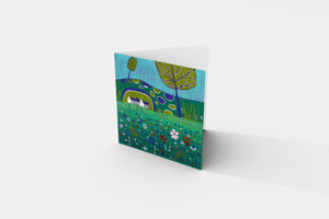 Flower Meadow Landscape Linocut Print Greeting Card