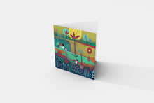 Load image into Gallery viewer, Scenic Landscape Linocut Print Greeting Card with Blooming Red Flowers