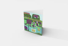 Load image into Gallery viewer, Colorful Linocut Print Greeting Card with Purple Flowers and Green Landscape