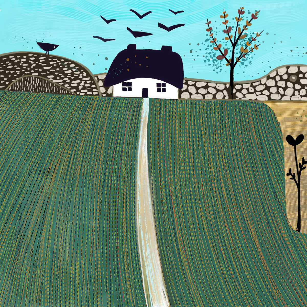 Colourful countryside art greeting card featuring a white cottage, green fields, stone walls, autumn trees and birds flying across a turquoise sky. 