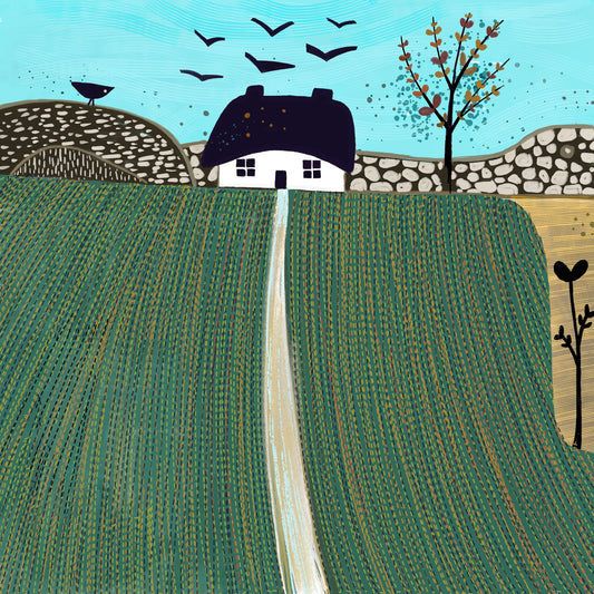 Colourful countryside art greeting card featuring a white cottage, green fields, stone walls, autumn trees and birds flying across a turquoise sky. 
