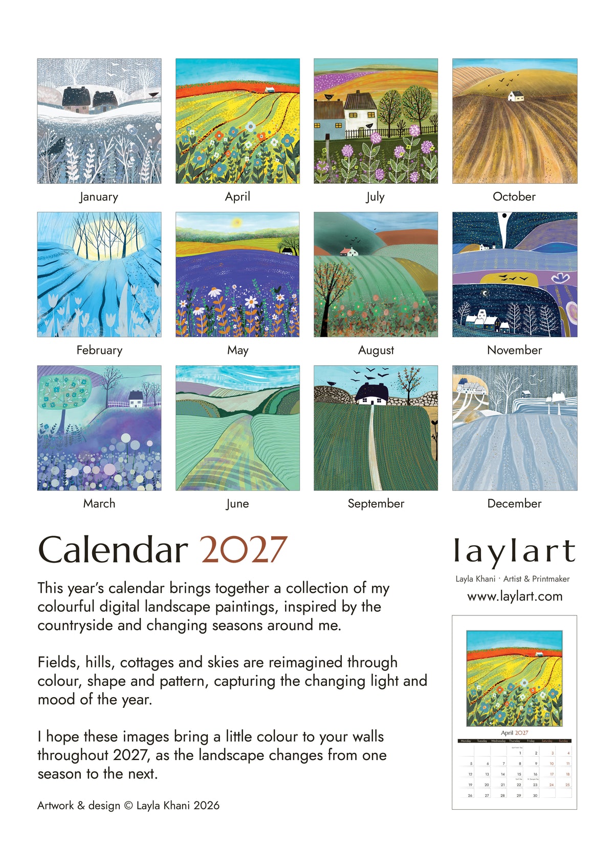 Back of the 2027 art calendar showing all 12 seasonal landscape artworks from January to December and Laylart Studio details.