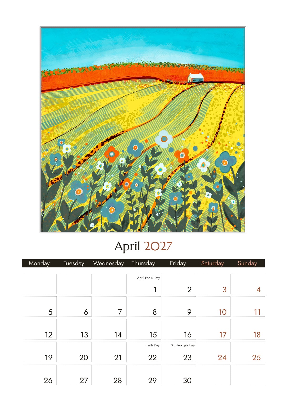 April 2027 calendar page showing colourful field artwork, monthly date grid, weekends and writing space.