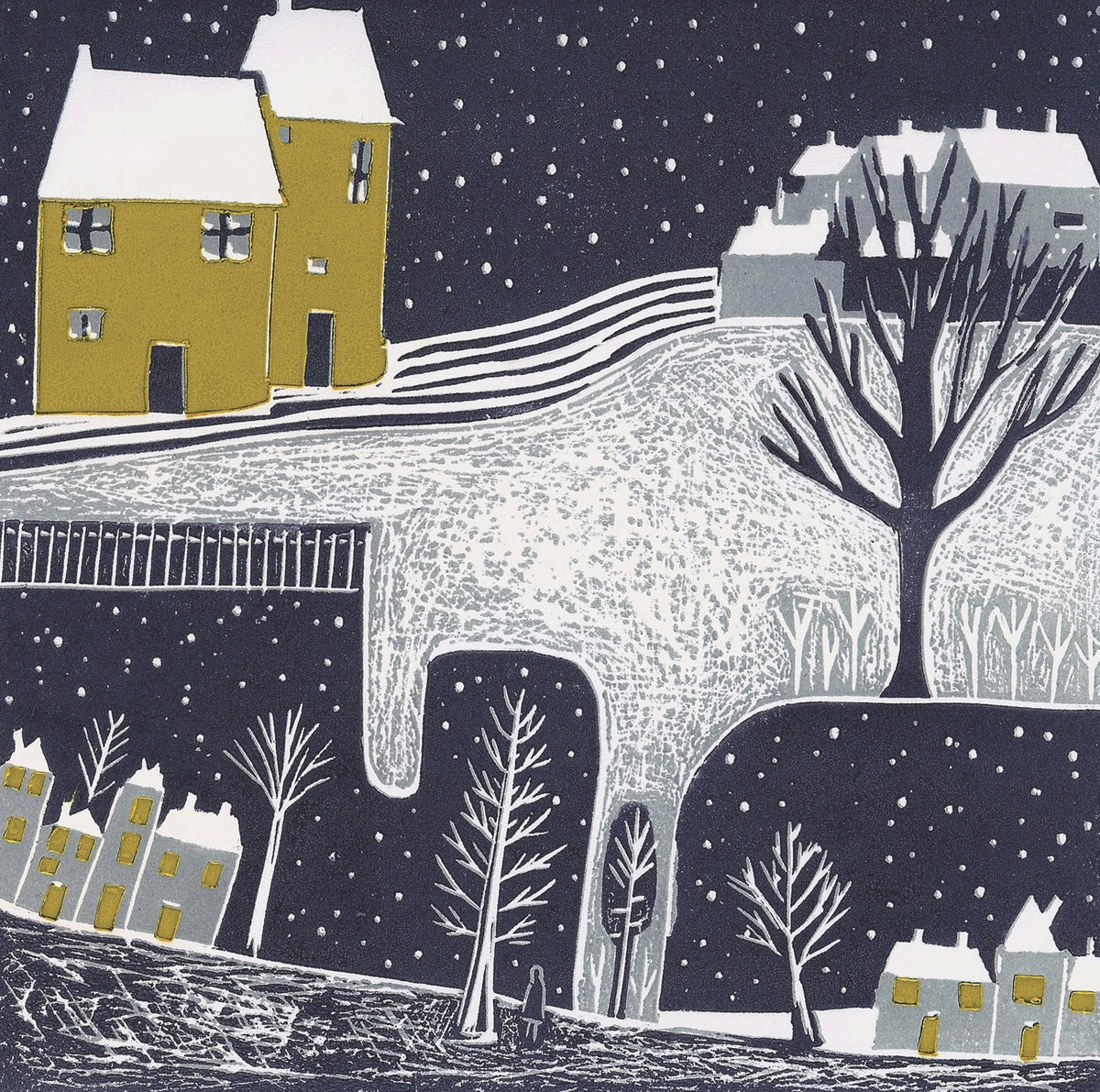Wintry Night Christmas greeting card with snowy village and winter night linocut artwork