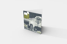 Load image into Gallery viewer, Christmas card from the Wintry Nights Collection, illustrating a peaceful snowy winter night scene with intricate linocut artistry.