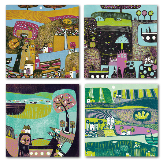 Above the Mountains Collection - pack of 4 linocut greeting cards by Layla Khani, vibrant mountain landscape designs, Laylart Studio