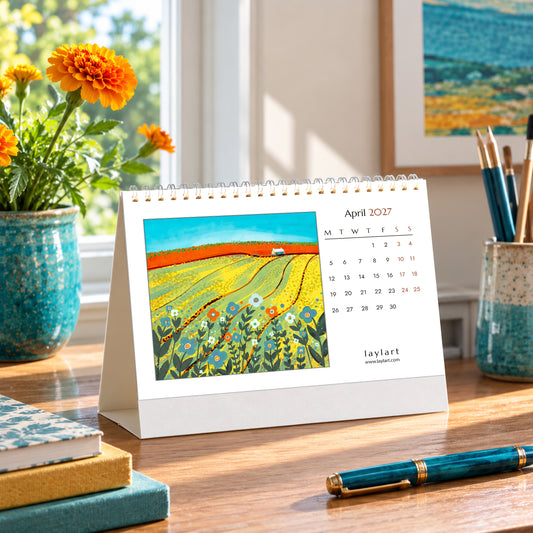 2027 desk calendar open to April with colourful yellow field landscape artwork on a sunlit desk