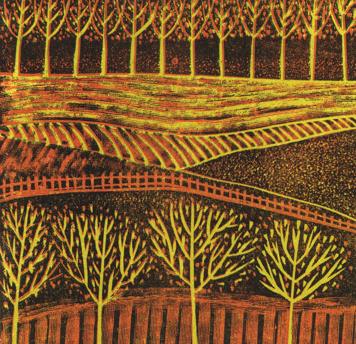 Autumnal Fields - original limited edition mini linocut print by Layla Khani, autumn landscape with trees and warm colours, Laylart Studio