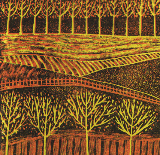 Autumnal Fields - original limited edition mini linocut print by Layla Khani, autumn landscape with trees and warm colours, Laylart Studio