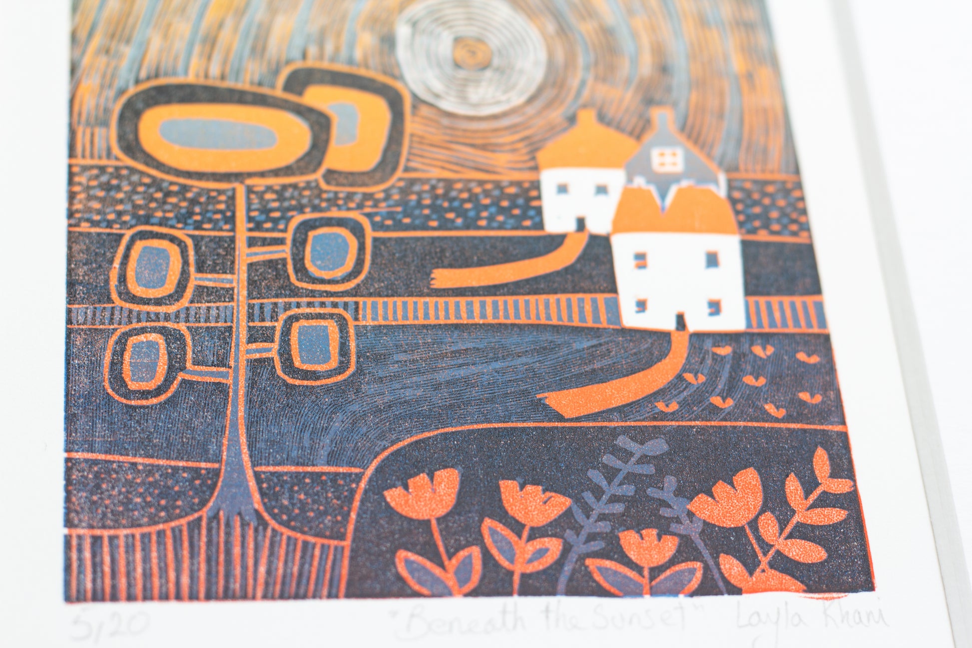 Beneath the Sunset original mini linocut print mounted and displayed, limited edition of 20