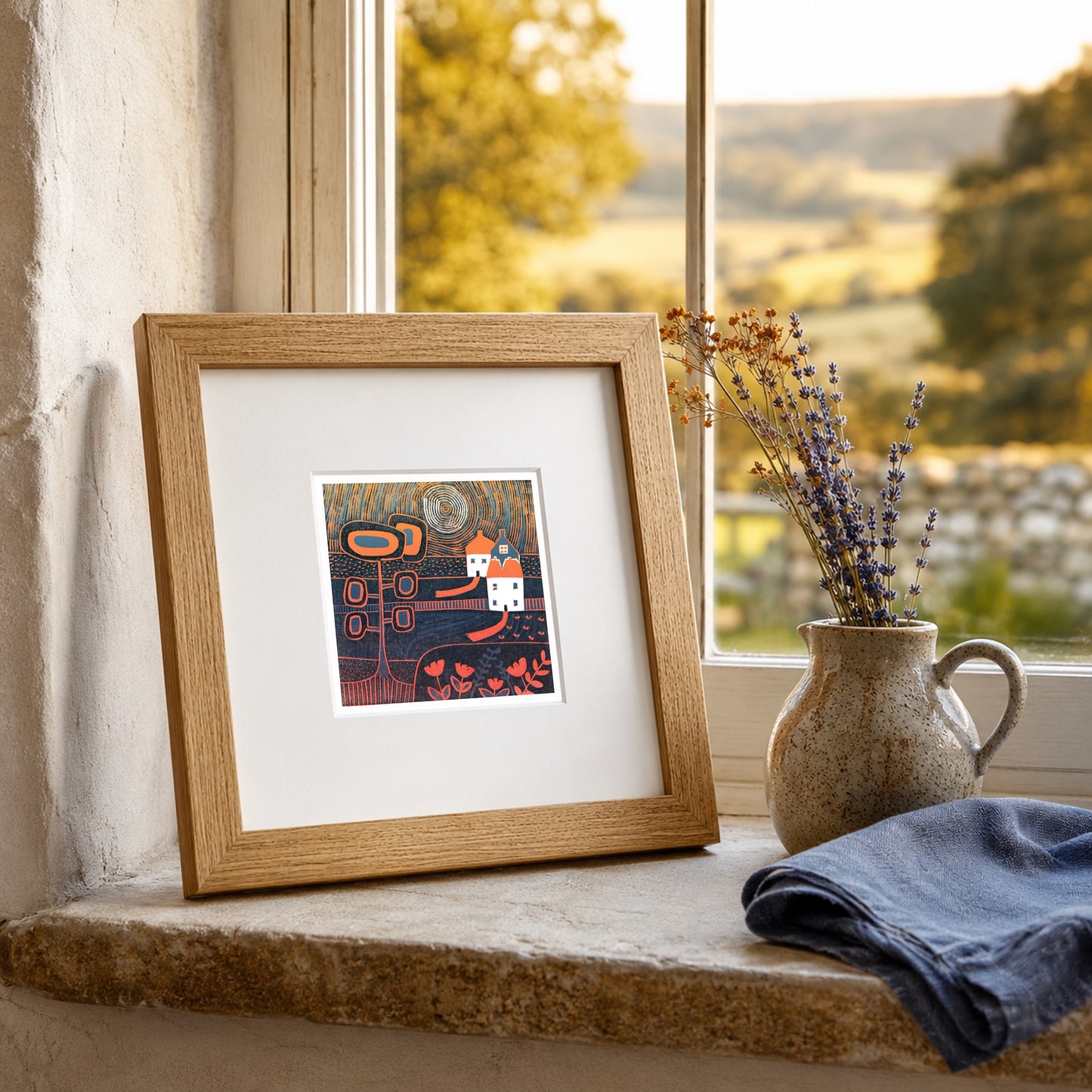 Mini linocut print framed in pale oak, propped on a windowsill with dried stems and a blue cloth

