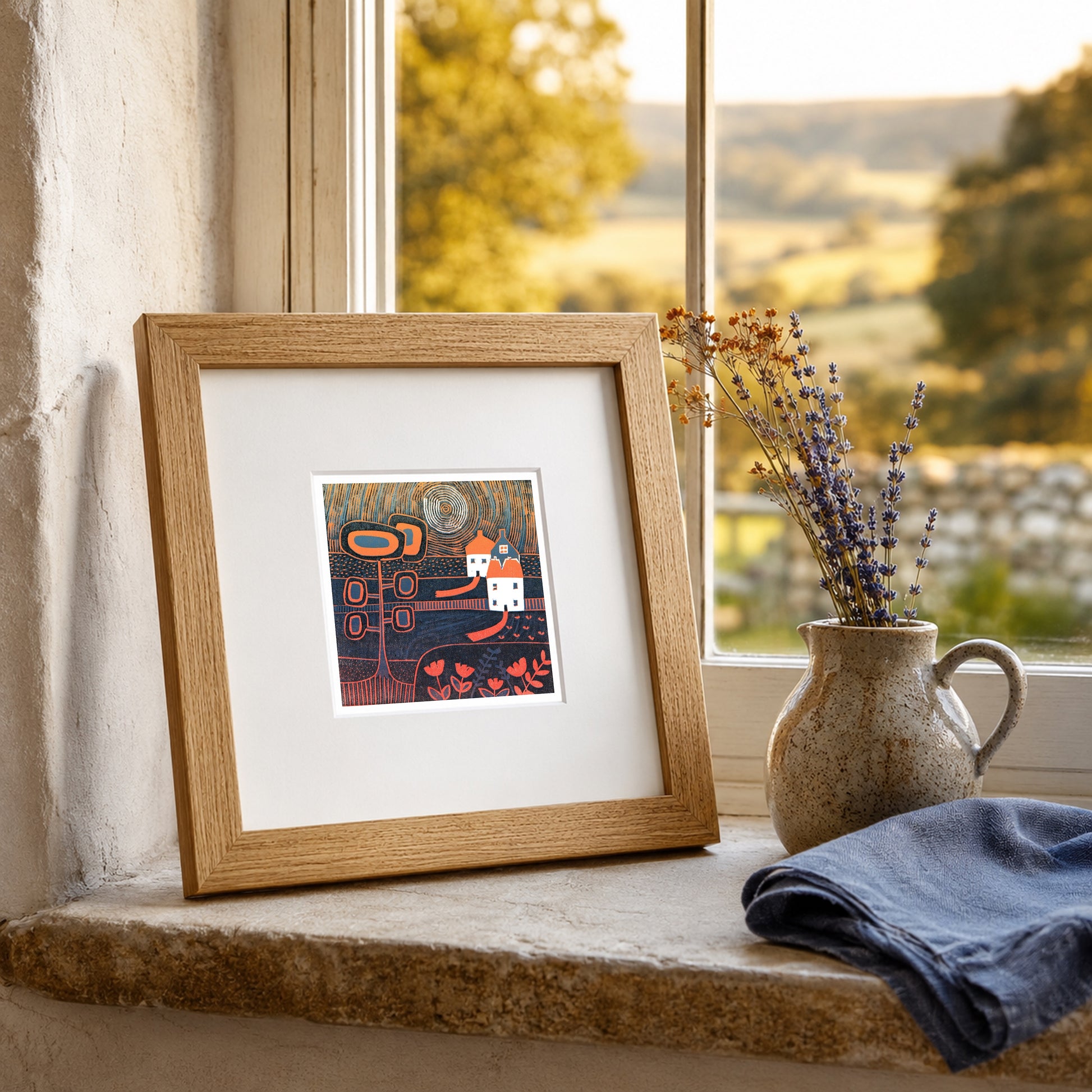 Mini linocut print framed in pale oak, propped on a windowsill with dried stems and a blue cloth
