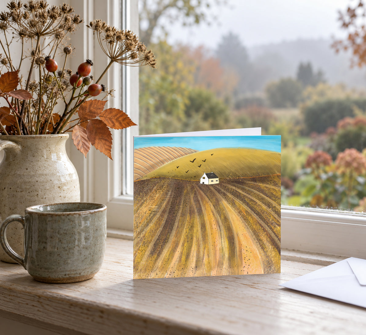 Square After the Harvest art greeting card standing on a wooden table beside a ceramic vase, with autumn countryside visible through the window.