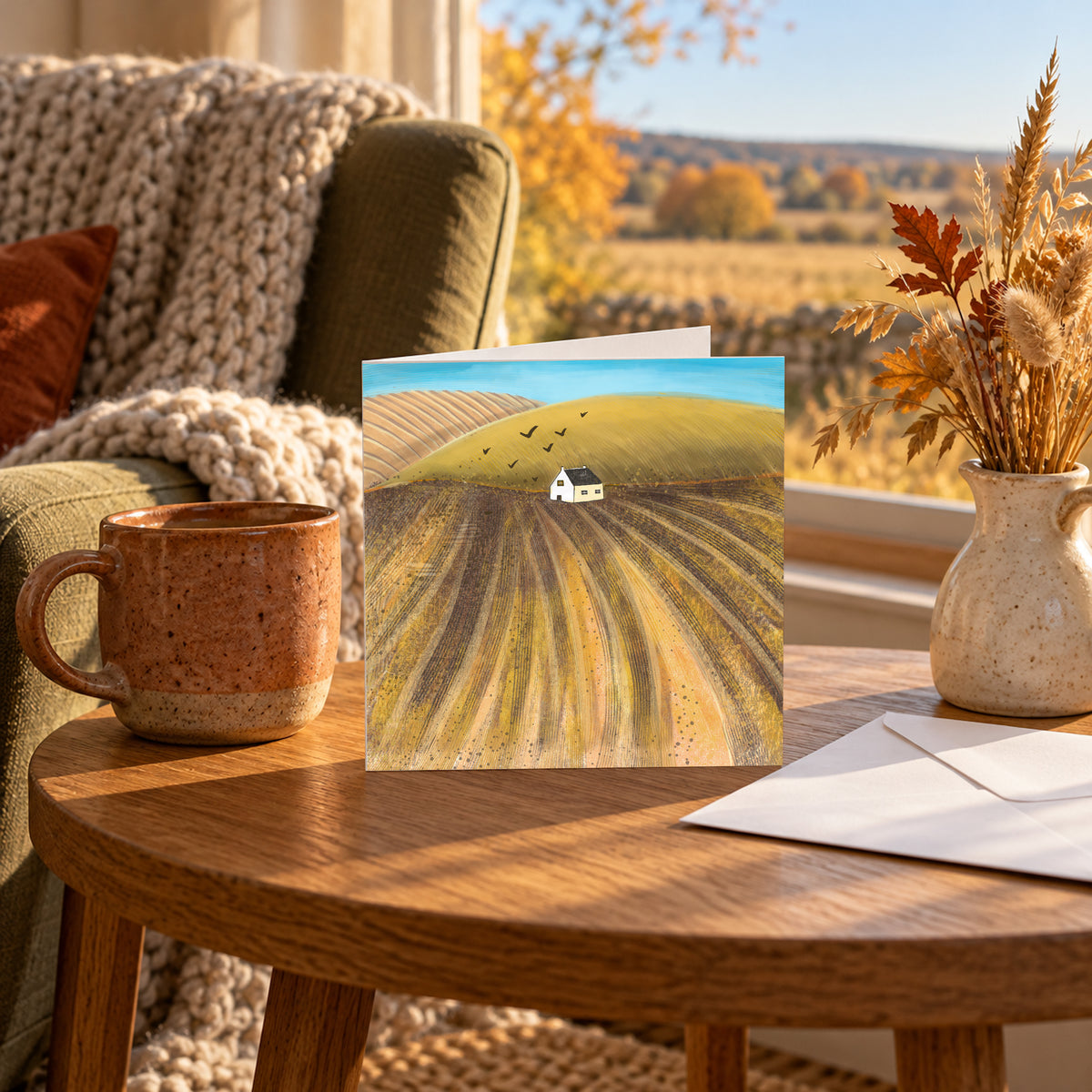 After the Harvest greeting card featuring golden fields and a white cottage, displayed on a wooden table with a ceramic mug and autumn decorations.