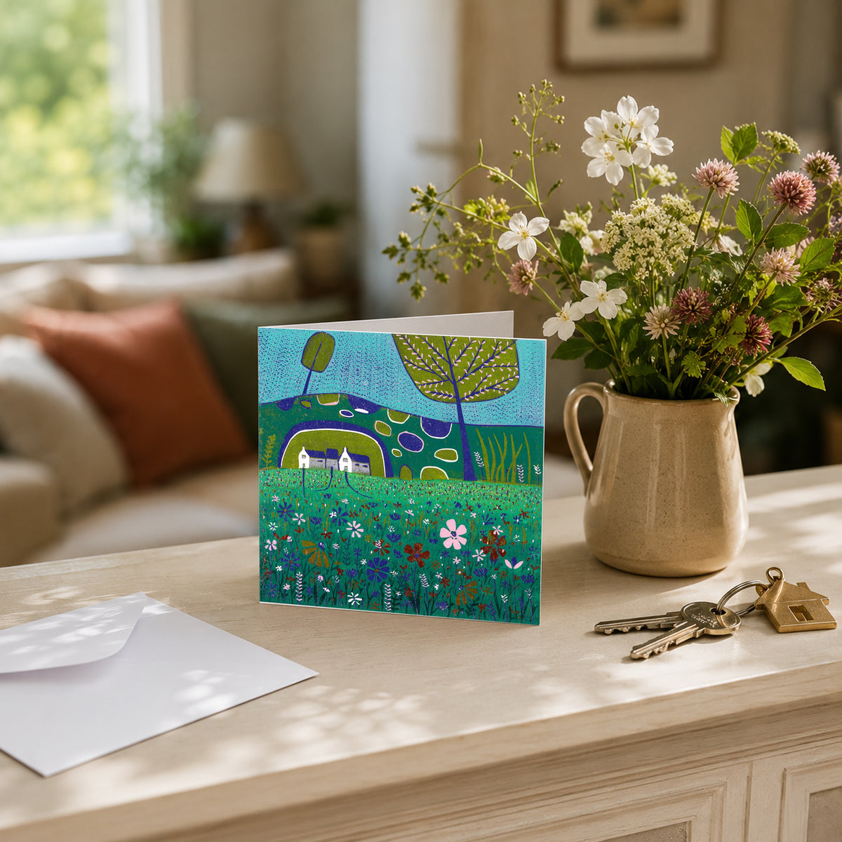 A Late Summer Day square linocut greeting card displayed on a table beside a vase of flowers, with an envelope nearby.
