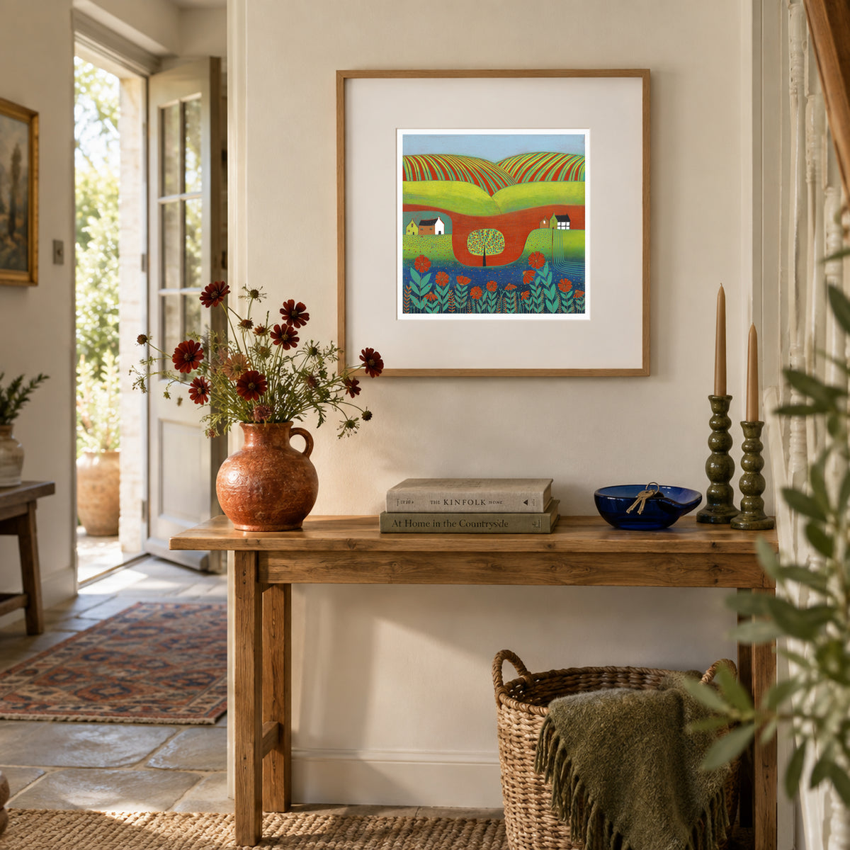 Endless Summer framed landscape linocut print displayed above a console table