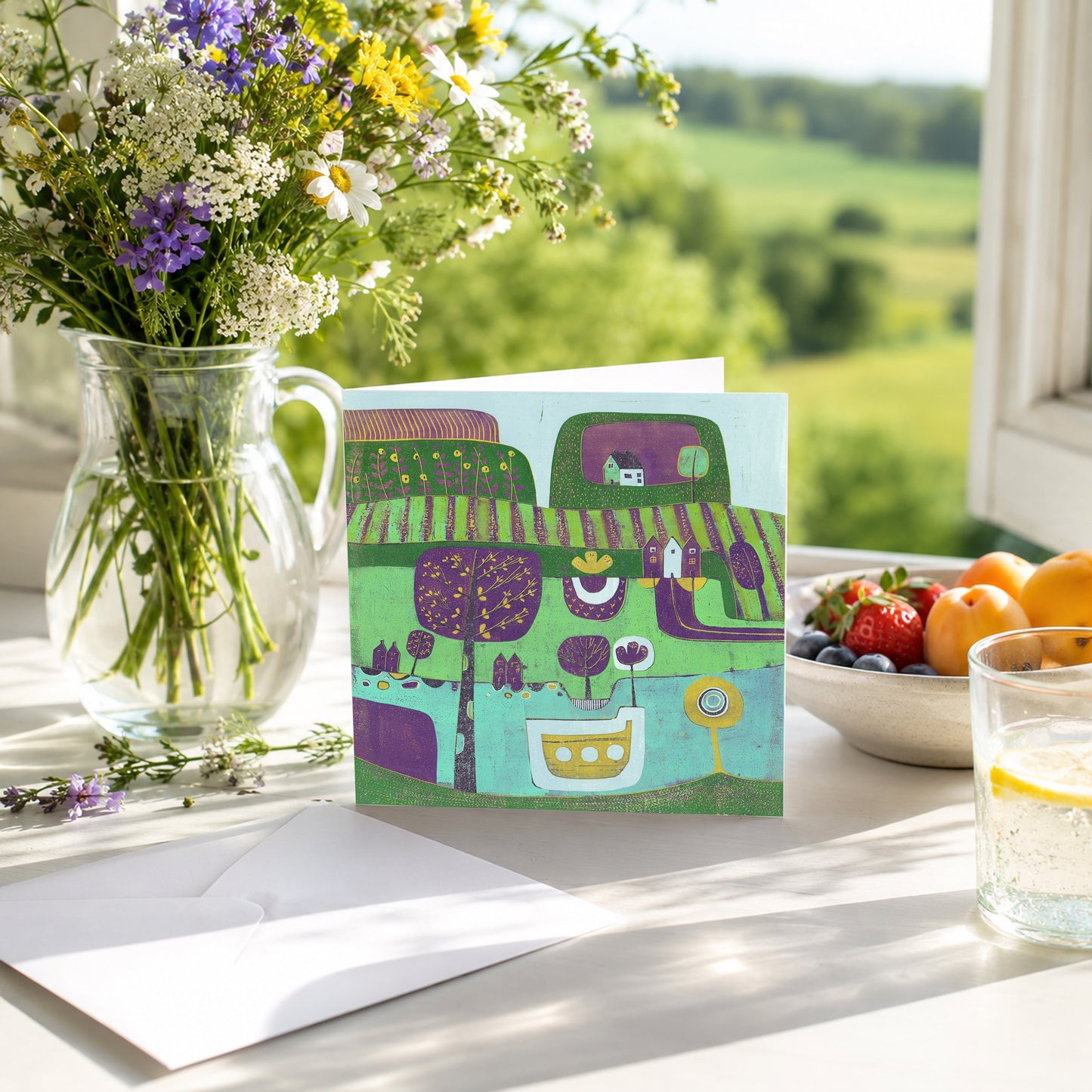Set of four green linocut greeting cards by Layla Khani laid on a light wood table with wildflowers, fruit and white envelopes.