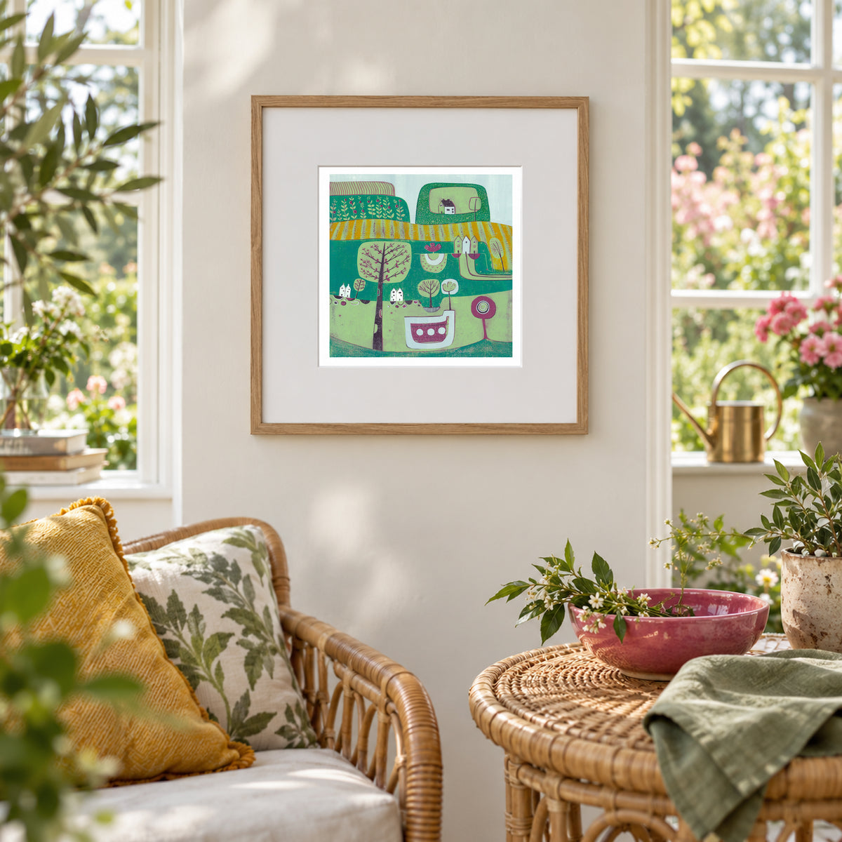 A Midsummer Breeze framed original linocut print displayed in a bright living room