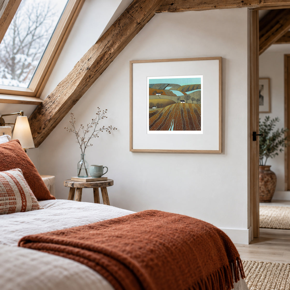 In the Tide of Autumn Leaves framed original linocut print displayed in a bedroom