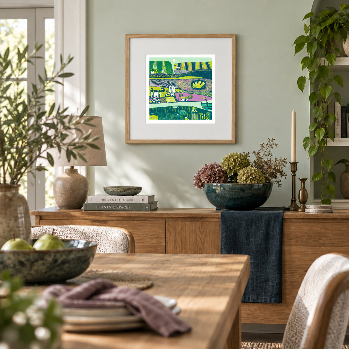 Green Valley framed original linocut print displayed in a warm contemporary interior