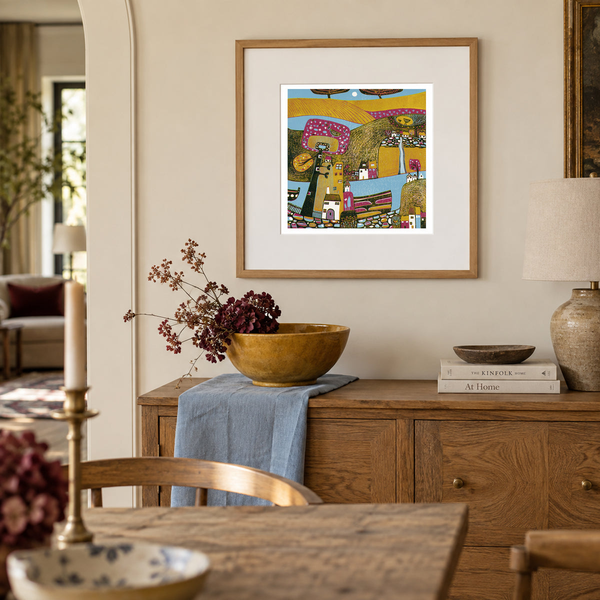 Over the Mountains framed original linocut print displayed in a warm contemporary interior