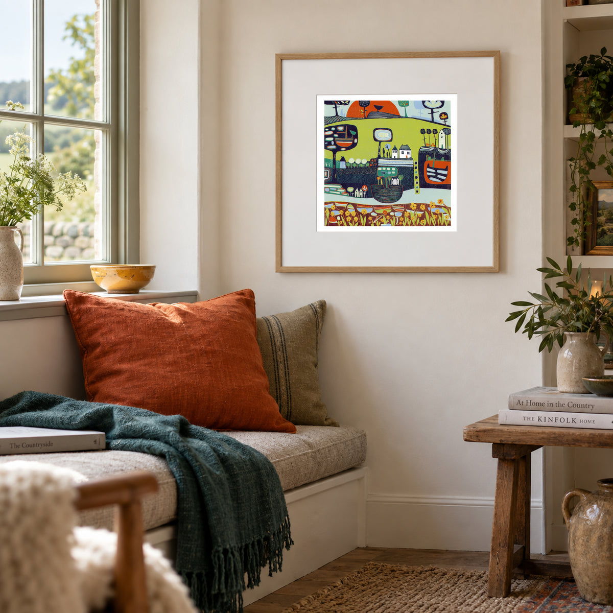A Glorious Sight framed original linocut print displayed in a warm contemporary living room