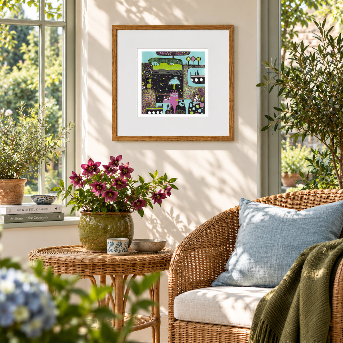 Framed colourful linocut landscape artwork hanging on a cream wall in a sunlit room, surrounded by plants, flowers and natural rattan furniture.