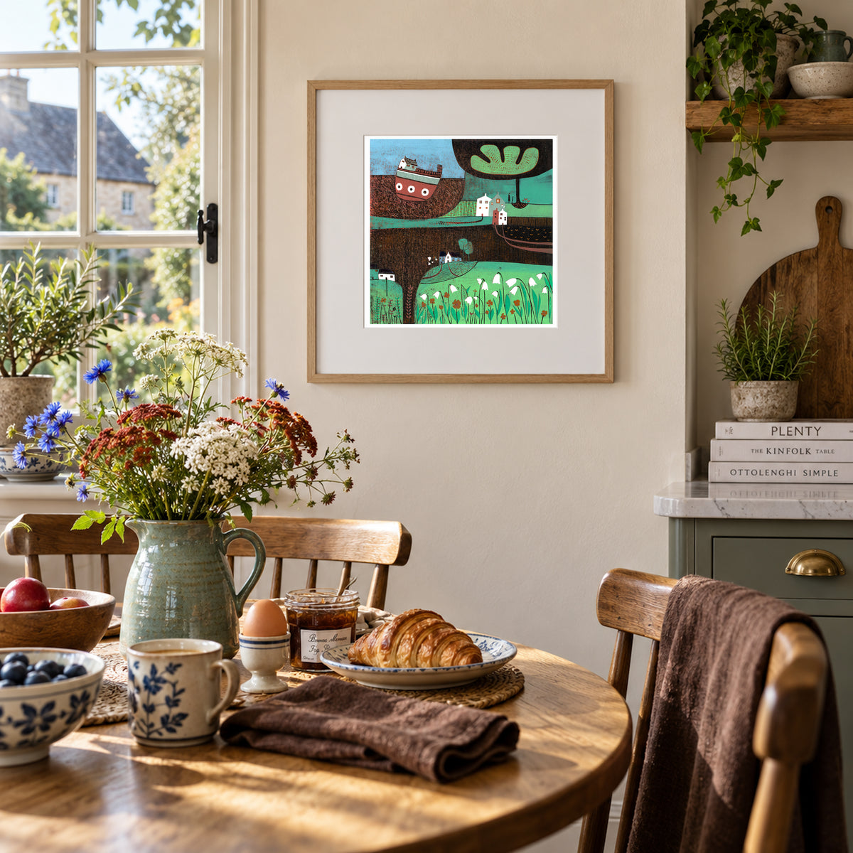 Autumn Days framed landscape linocut print displayed in a bright dining room