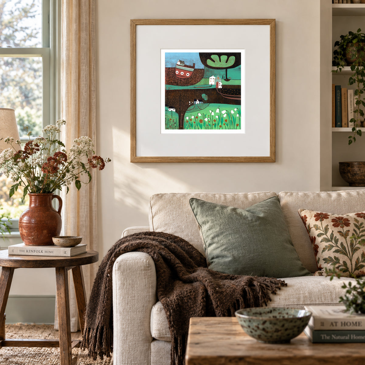 Autumn Days framed original linocut print displayed in a warm living room