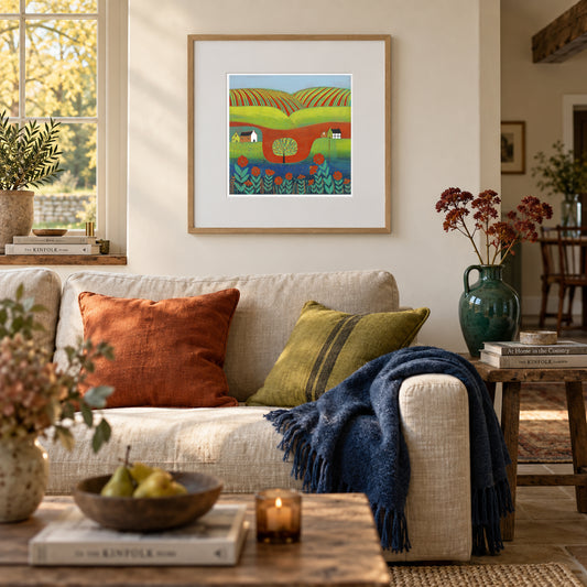 Endless Summer framed original linocut print displayed in a warm contemporary living room