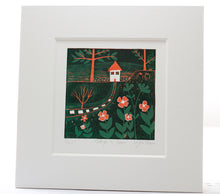 Load image into Gallery viewer, Cottage in Bloom mini linocut print shown mounted, hand-printed by Layla Khani, Laylart Studio