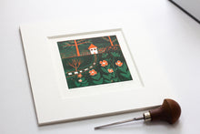 Load image into Gallery viewer, Cottage in Bloom original mini linocut print with printing brush, limited edition of 20, Laylart Studio