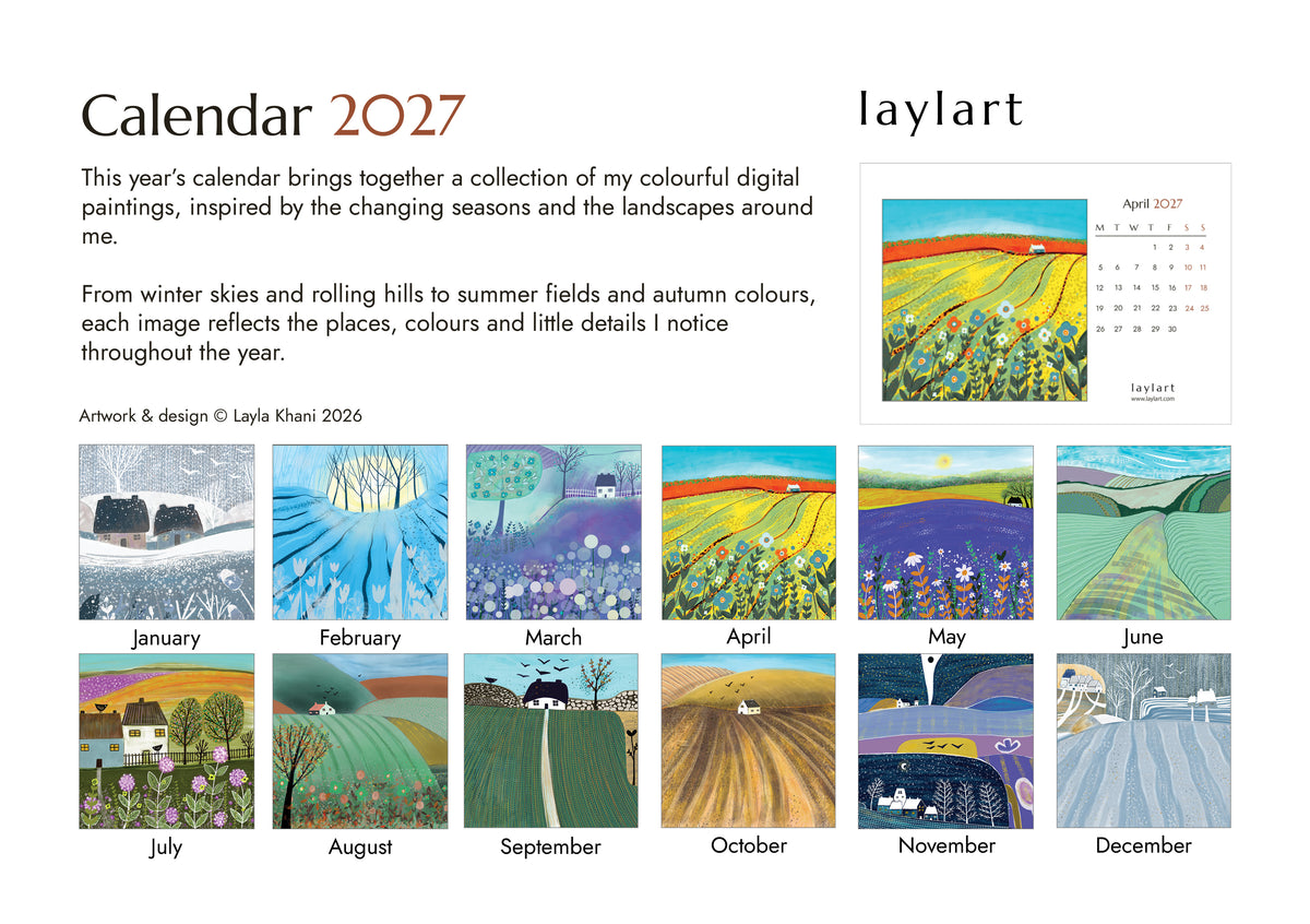 Twelve seasonal landscape paintings featured in the Laylart Studio 2027 desk calendar