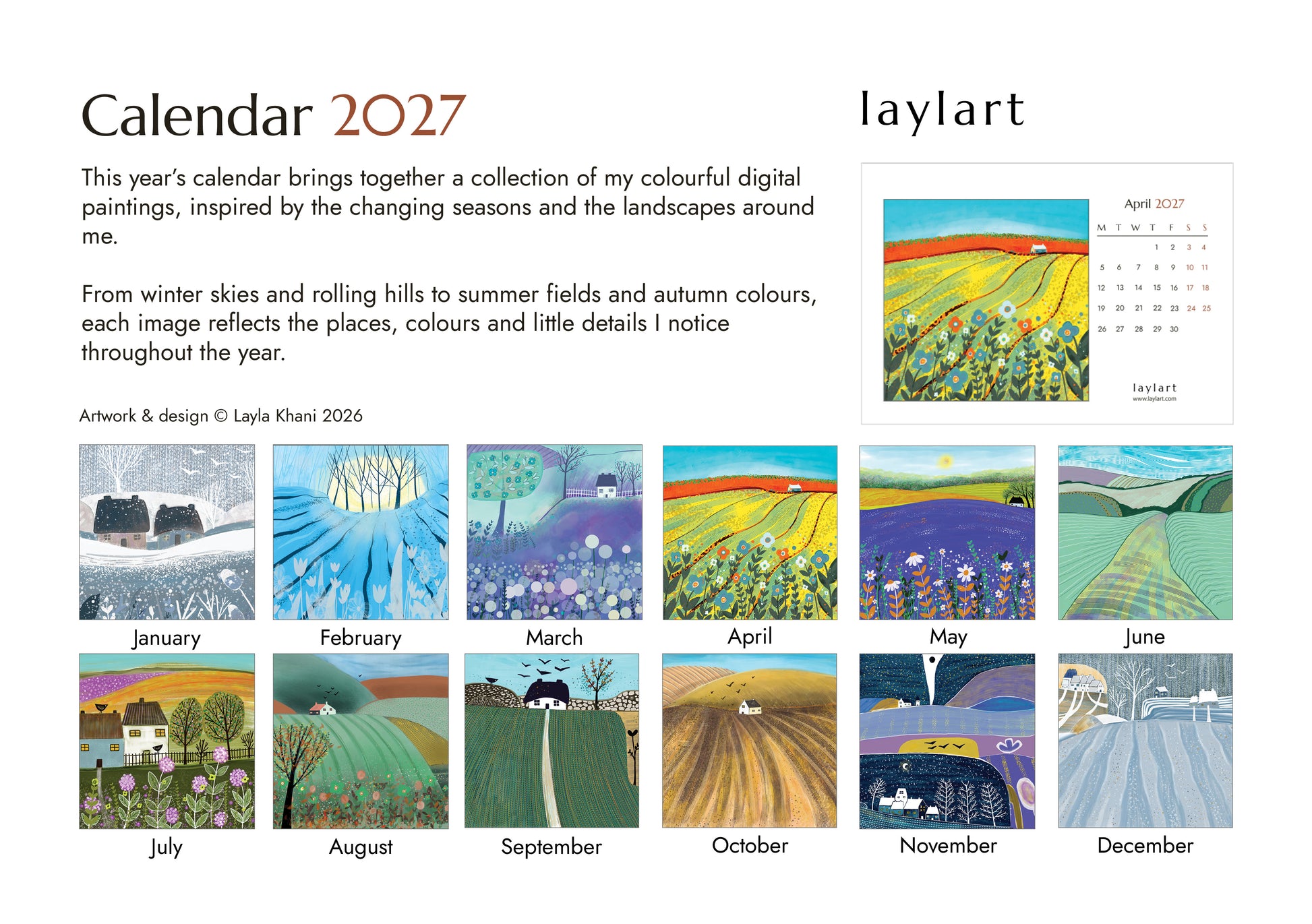 Twelve seasonal landscape paintings featured in the Laylart Studio 2027 desk calendar