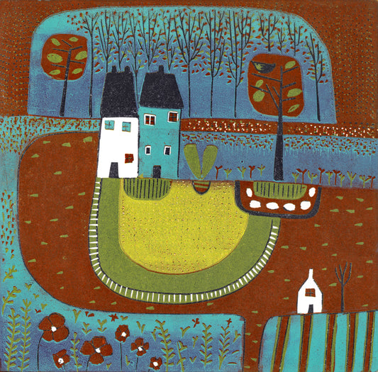 Over the Meadow linocut greeting card featuring colourful cottages, patterned trees and countryside fields in turquoise, rust and yellow.