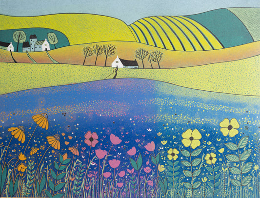 Sea of Tranquility - original limited edition linocut print by Layla Khani, spring landscape with wildflowers and rolling fields