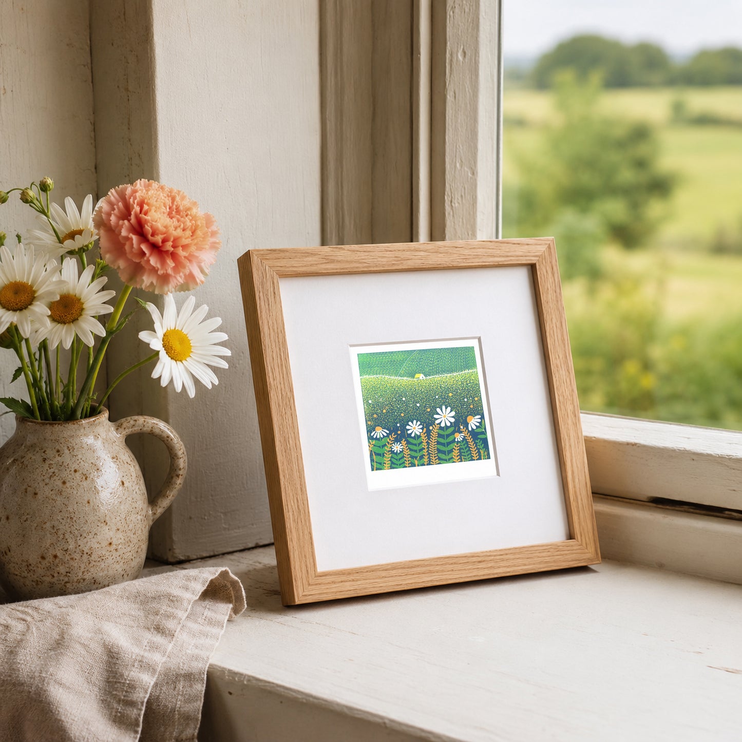 Mini linocut print framed in pale oak, propped on a windowsill with fresh flowers in a stone jug