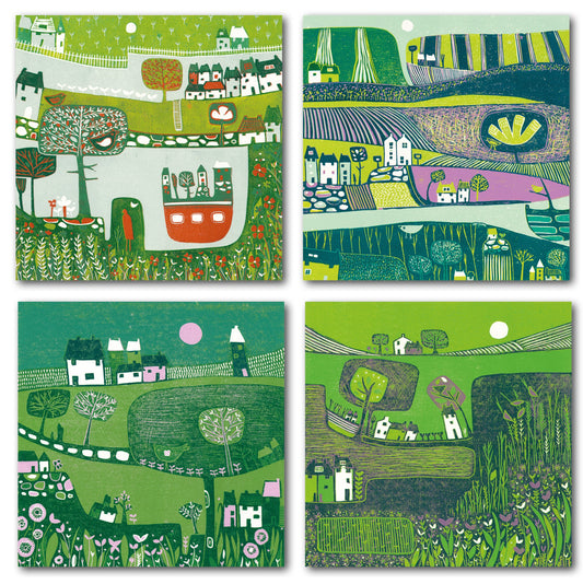 Green Valley Collection - pack of 4 linocut greeting cards by Layla Khani, green valley landscape designs, Laylart Studio