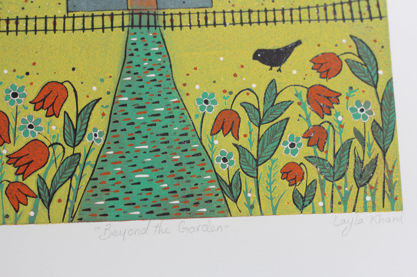 Signed and numbered detail of Beyond the Garden limited edition linocut print on Arches 88 paper.
