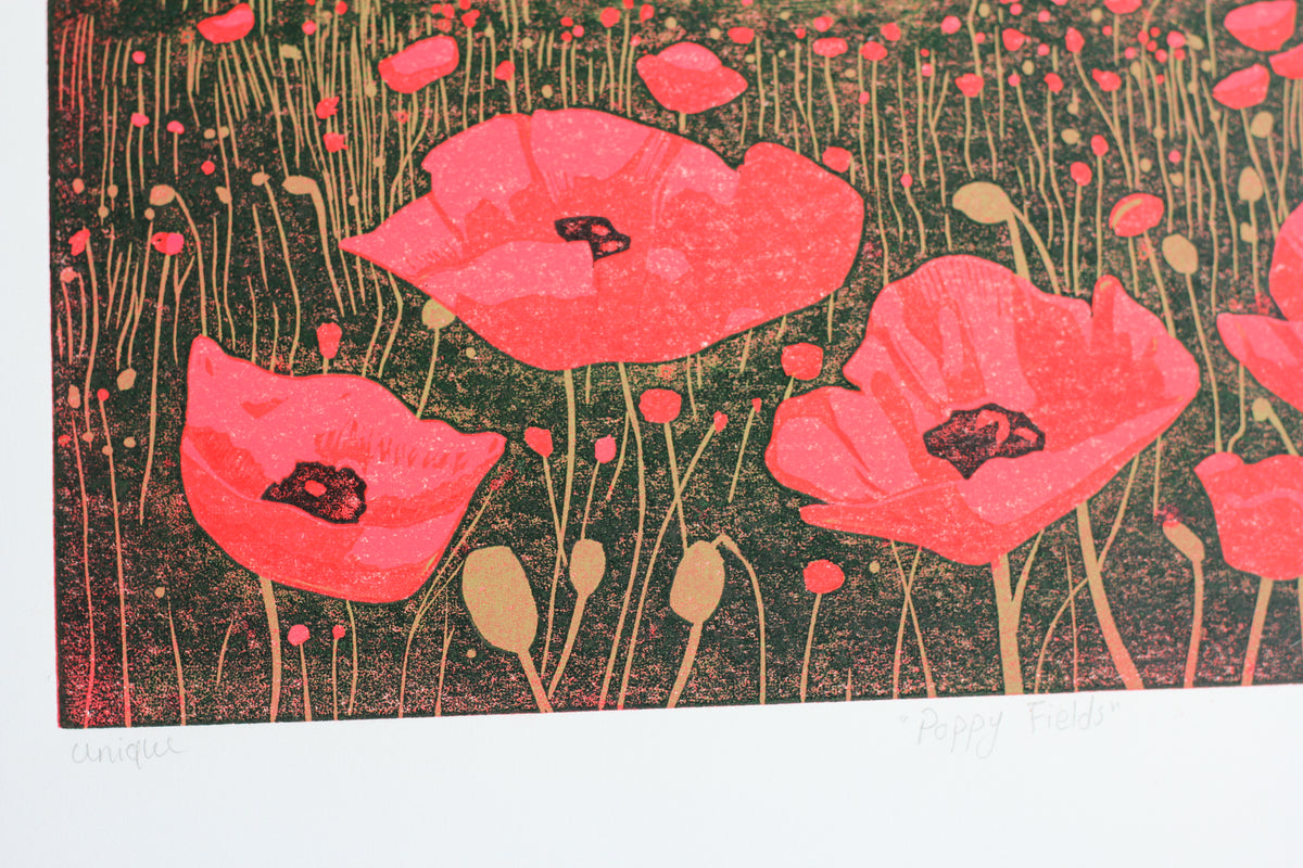 Poppy Fields linocut signed titled and marked unique by artist Layla Khani