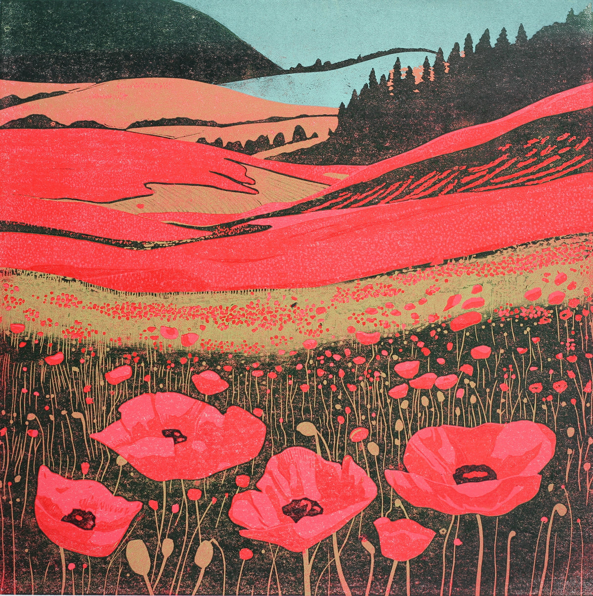 Poppy Fields unique colourway original reduction linocut print by Layla Khani