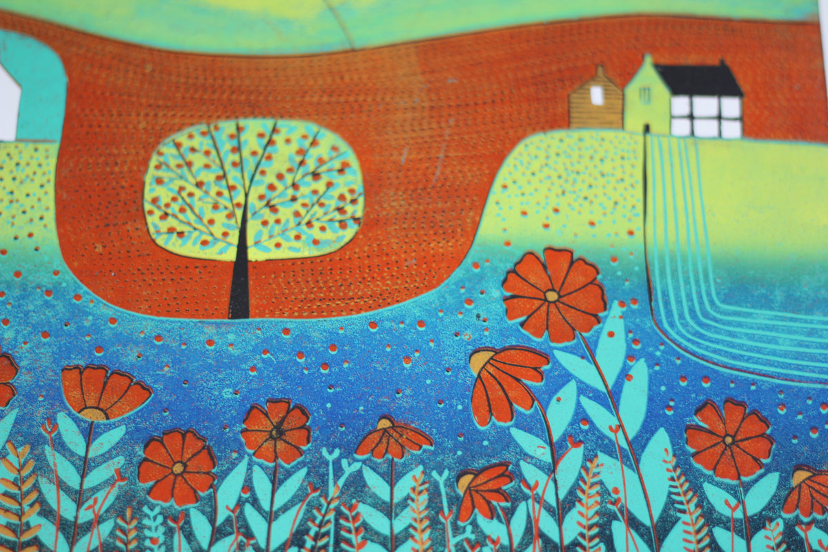 Close-up of flowers, tree and hand-printed textures in Endless Summer linocut print