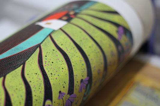 A Glorious Spring Day linocut print detail showing hand-carved texture, Laylart Studio