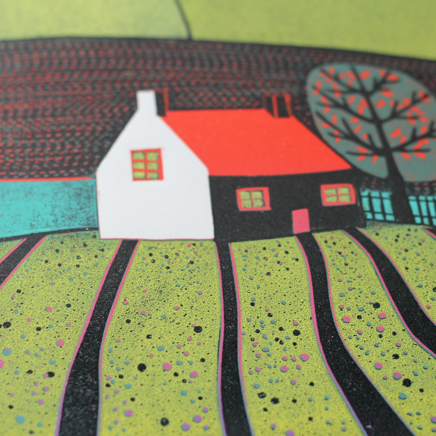 A Glorious Spring Day linocut print detail, farmhouse and rapeseed fields, hand-printed by Layla Khani
